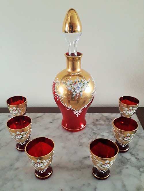 Set  rosolio vintage  vetro di Murano rosso-oro 